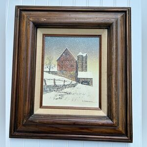 Vintage Art H Hargrove Signed Framed Winter Barn Scene Art Canvas